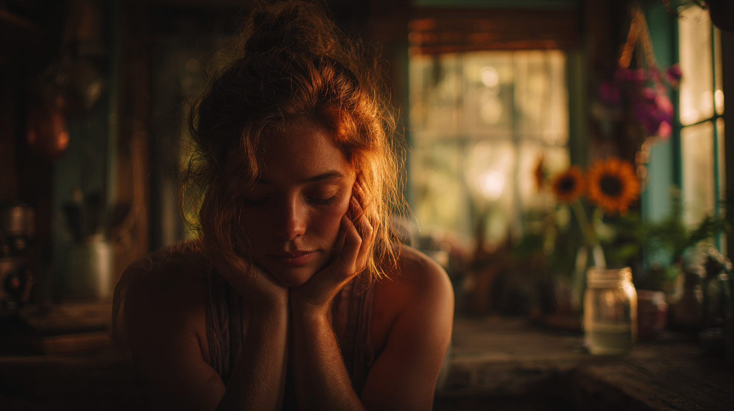 A woman resting her head gently in her hands, soft and contemplative, the feeling of carrying a quiet weight